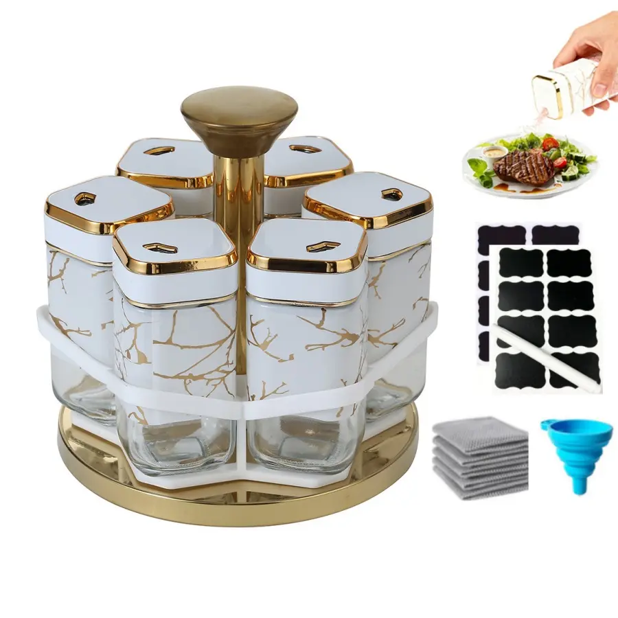 Nw 3Lbs 6/12-Jar Rotating  Spice Rack Organizer Kitchen Countertops Storage Seasoning Utensils Canister-Gifts for Mom Wife High-Quality Glass & Stainless Steel Modern Design