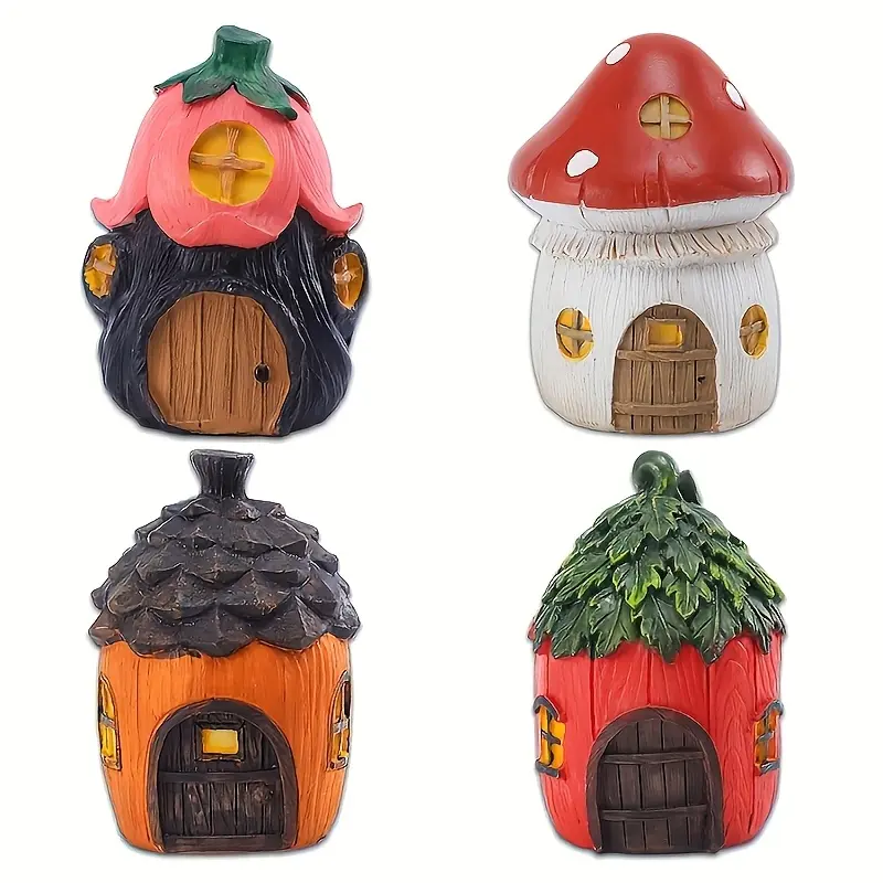 4-Piece Miniature Fairy Garden House & Mushroom Cabin Set, Garden Statue for Outdoor Displays & Valentine's Day, Enhances Outdoor Aesthetic & Adds Charm