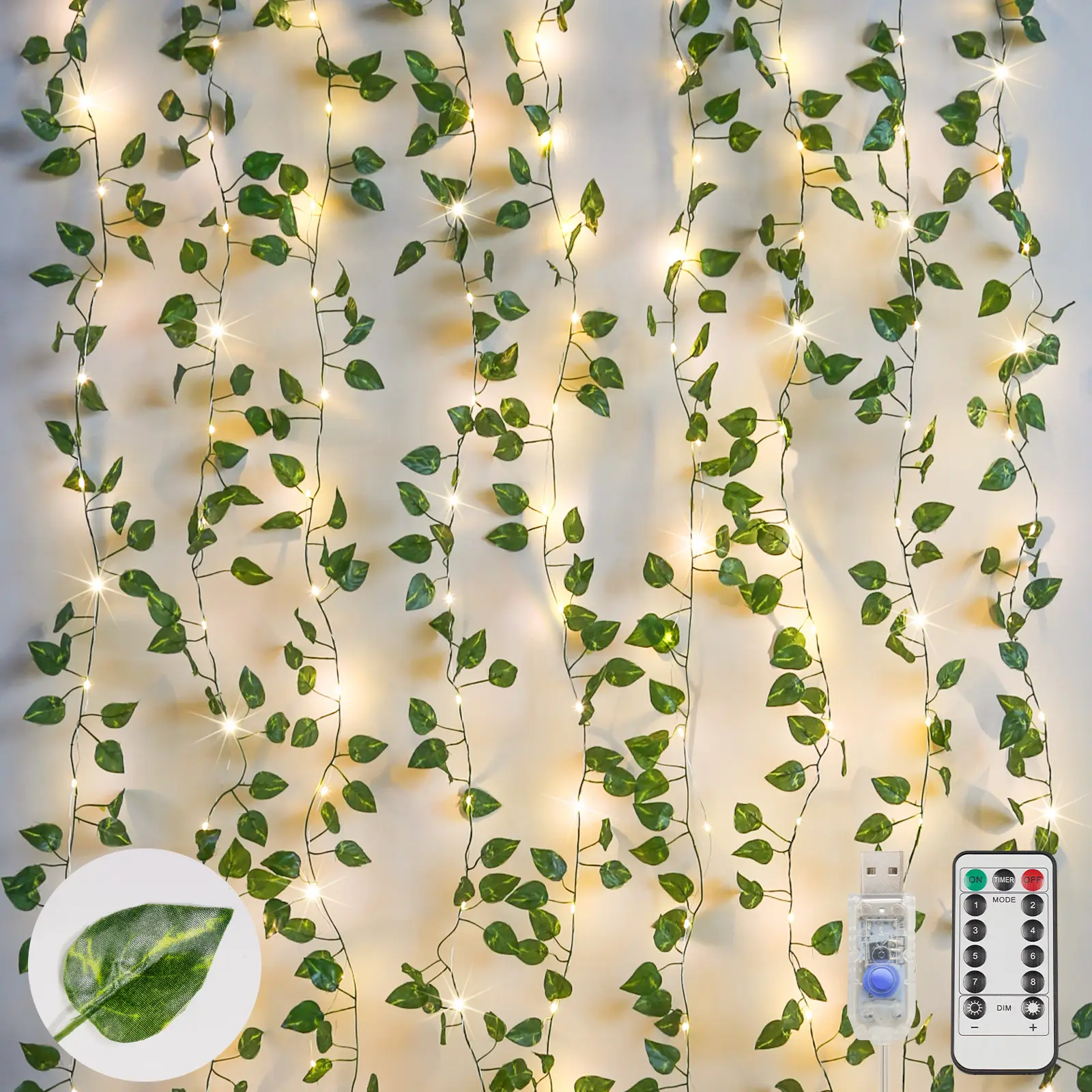 Suddus Vines with Lights, 200 LED Fairy Lights with Vines, Pothos Curtain String Lights with Remote for Bedroom, Dorm, Wedding, Party, Wall, Indoor, Outdoor Decor, 6.5 ft x 6.5 ft