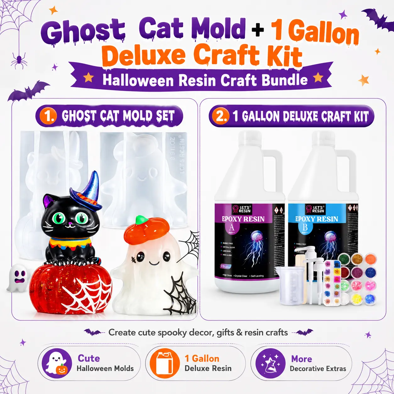 LET'S RESIN Halloween Glow Resin Craft Kit, Ghost Cat Pumpkin Silicone Molds with Witch Hat + Crystal Clear Epoxy Resin Kit, Perfect for Adding Glow Powder, Neon Pigments & Glitter to Create Spooky DIY Decorations, Halloween Gifts & Resin Art Crafts