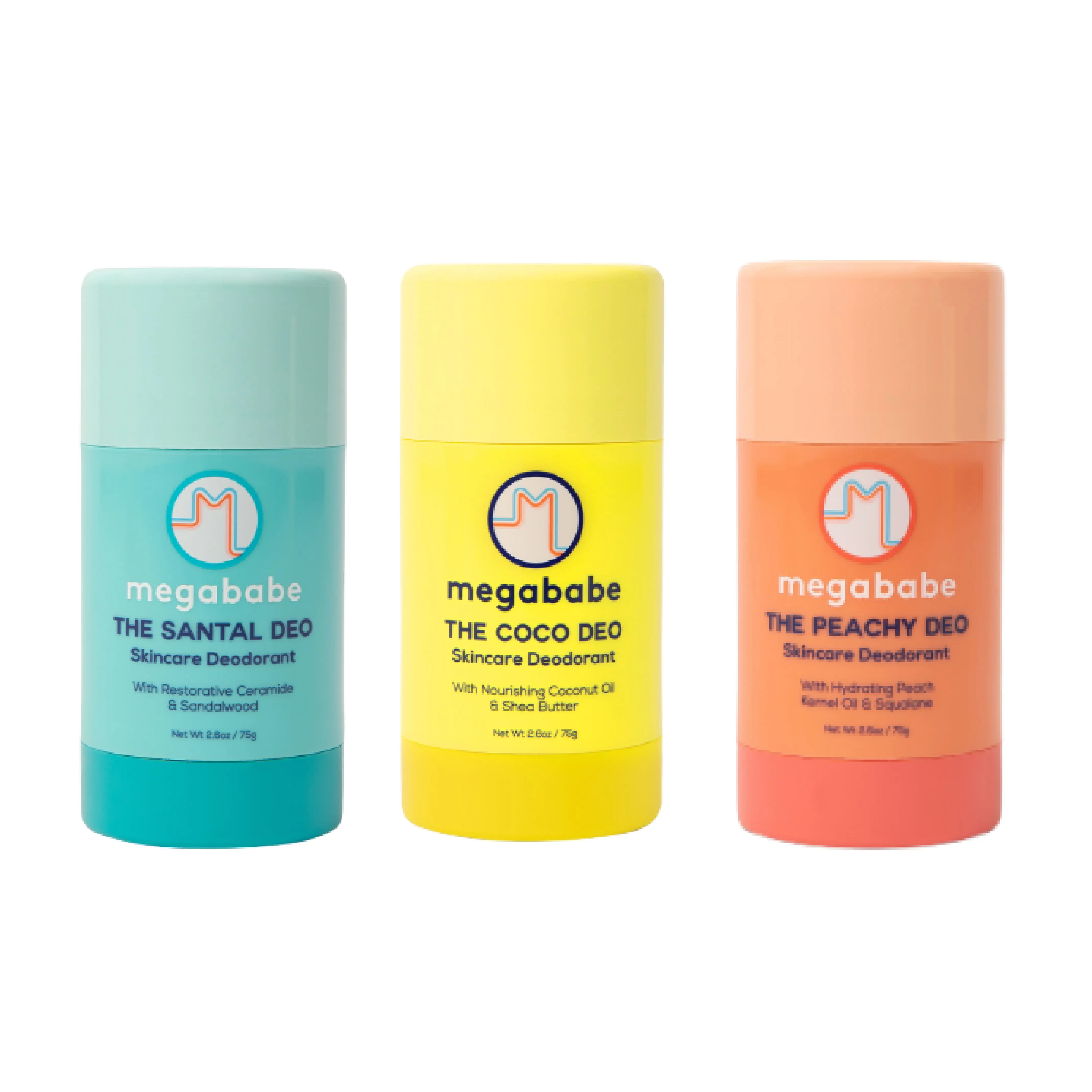 Megababe Scent-sational Deo Trio - 3 Skincare Deodorants with 72 Hour odor protections | The Santal Deo, The Coco Deo, The Peachy Deo