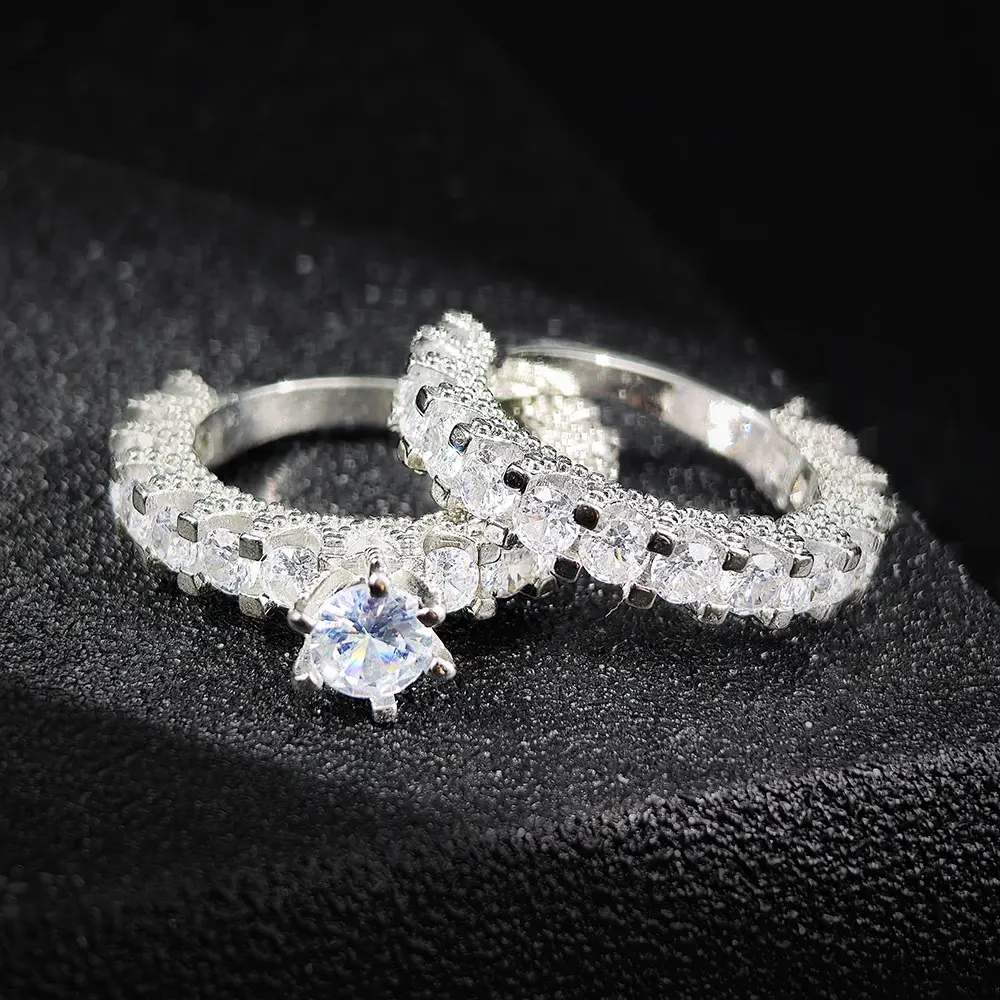 Engagement and Wedding Jewelry - New Eight Hearts and Arrows Zircon Ring Set, European and American Classic Round Full-Pronged Engagement Ring