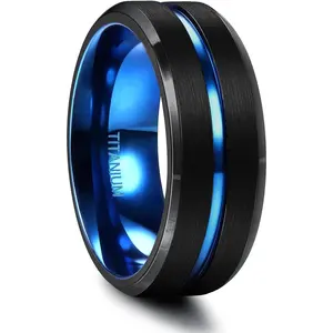 FLORIDECO Men's 8MM Titanium Thin Wedding Band, Blue Center Groove Comfort Fit Ring for Wedding, Engagement & Promise, Size 7-13, Blue Center Groove Wedding Rings, Thin Wedding Bands, Daily