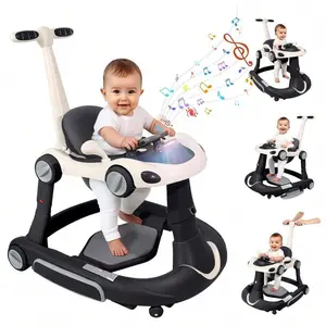 4-in-1 Car Theme Baby Walker-Bouncer Combo - ABS Plastic, 3 Height-Adjustable Seats, Foldable, Multi-Mode, Music, Light Buttons, Steering Wheel, Toddler Jumper for 6-18 Months, Black