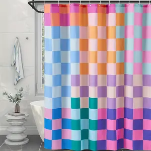 Multi colored grid retro pattern forest shower curtain design, polyester fabric, windows and walls, bathtub, bathroom home decoration shower curtain, all season universal shower curtain, bathroom decoration curtain, with 12 hooks