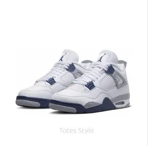 Retro Mid-Top Basketball Shoes in White Leather with Cement Grey Splash Details and Midnight Blue Accents