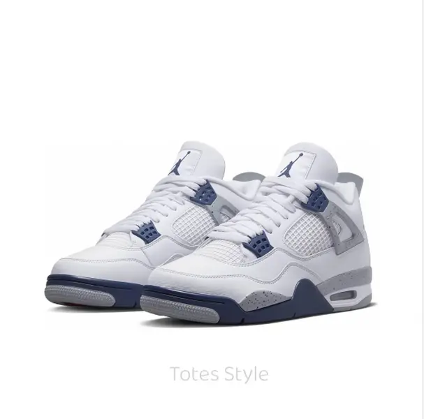 Retro Mid-Top Basketball Shoes in White Leather with Cement Grey Splash Details and Midnight Blue Accents