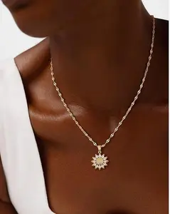 Tewiky Gold Pendant Necklace for Women, Gold Cubic Zirconia Dainty Sun and Moon Necklace Cute Minimalist Diamond Gemstone Turquoise Chain Choker Sunflower Necklace Jewelry Gifts for Women