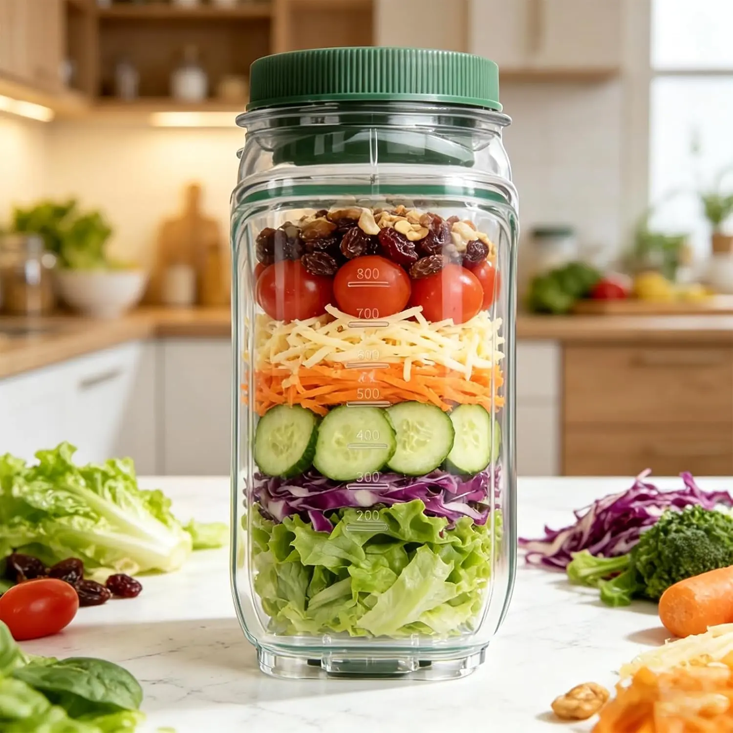 35oz Leak-Proof Salad Jar Food Storage Container - BPA-Free, Side-Opening, Reusable with Detachable Dressing Cup, Silicone Lightweight Utensils for Office Lunch, Fitness Meals, Healthy Eating (1 Green, Fruit Snacks Compatible)