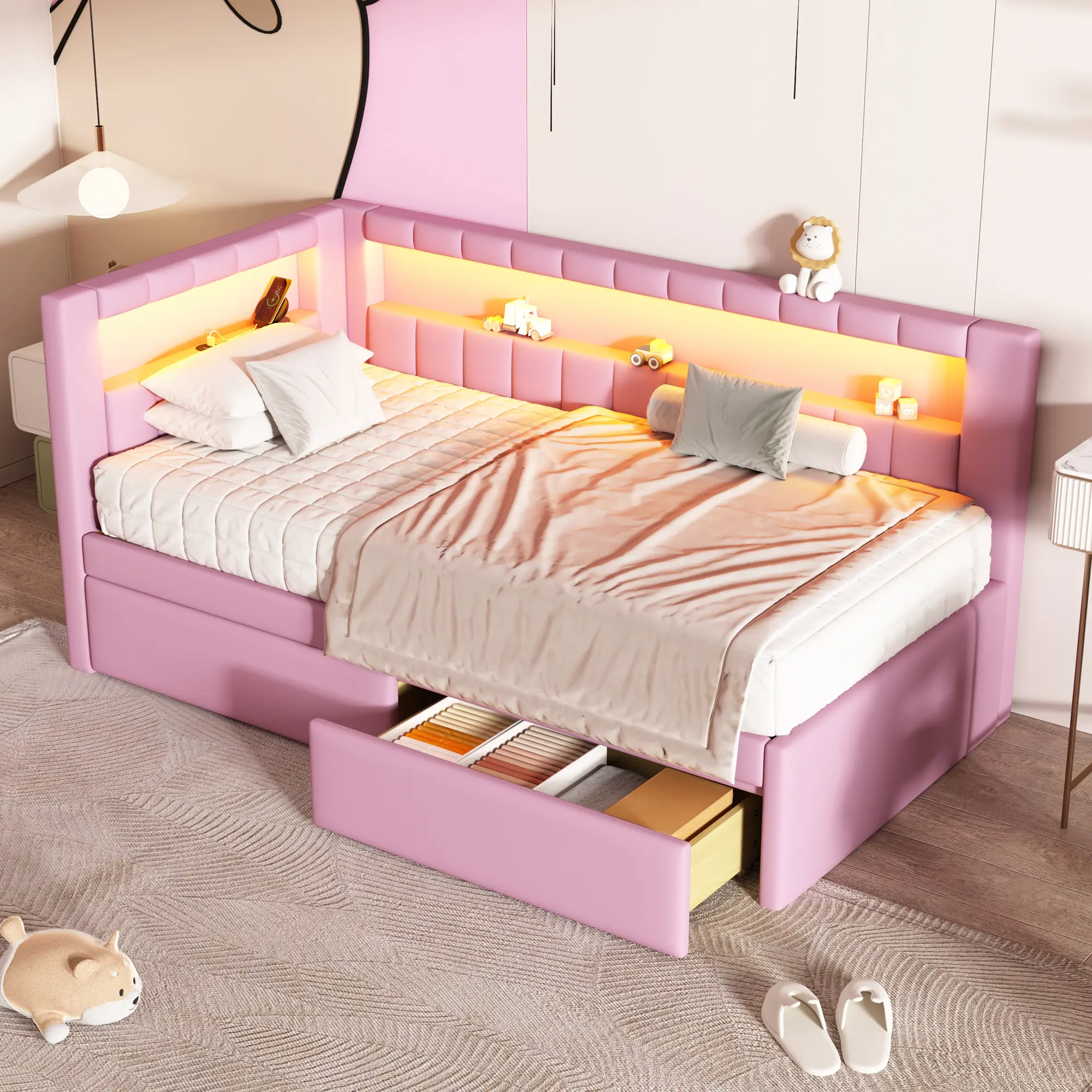 Twin Size Linen Upholstered Bed Frame, Soft Corner Daybed with L-Shaped Bookshelf Headboard, Storage Drawers, Charging Station and LED Belt, Pink