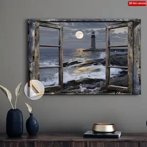 [2D Flat] 1-piece wooden framed canvas painting, coastal lighthouse and beach scenery, modern nautical style wall art, suitable for living room, bedroom, bathroom decoration (framed and edged canvas), 2D flat