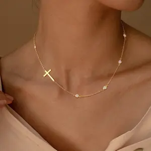 Tewiky Gold Women's Everyday Versatile Layered Necklace with 4mm Zirconia Side-Set Cross and Polished Finish - Fashionable Gift for Women