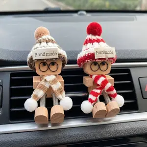 2PCS Christmas Wooden Bobblehead Decorations, Beech Wood Wobble Dolls for Car Air Vent and Desk Decor, Cute Holiday Ornament with Hats Scarves for Home and Gift Giving