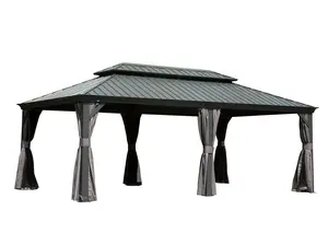 14x20ft Hardtop Gazebo Outdoor Metal Canopy Shelter with Galvanized Steel Double Roof, Aluminum Frame, Curtains and Netting for Patio Deck Garden Backyard, Grey, Durable Weather-Resistant Pergola Pavilion, Home Furniture and Household Product