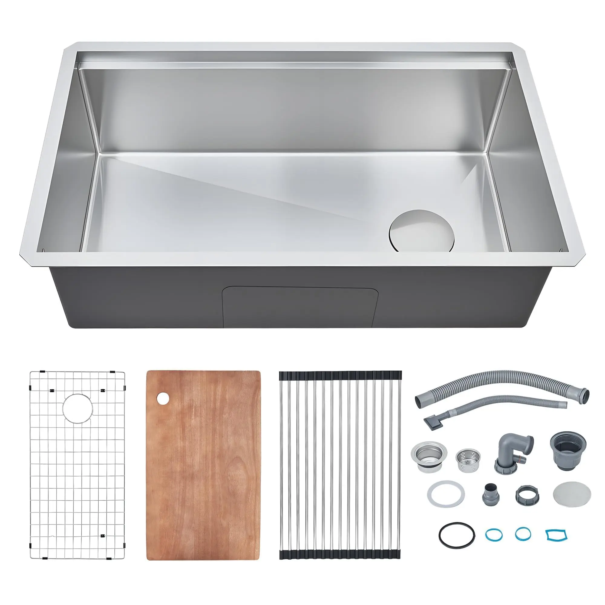 32-in Undermount Stainless Steel Kitchen Workstation Sink, Single Deep Bowl with Easy-Clean Design, Includes Cutting Board, Mesh Drain Cover, Mesh Tray, Drying Rack for Kitchen Upgrade, 32-Inch