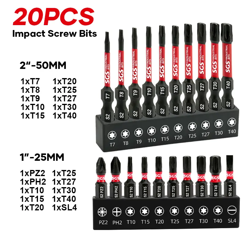 20 Pcs Industrial Screwdriver Bits, S2 Alloy Steel Hardness Anti-Slip Magnetic Torx/Phillips/Slotted Screwdriver Bit Set, Impact And Wear Resistant, Universal 1/4" Hex Shank With Black Rust-Proof Base, For Woodworking, Industrial Manufacturing Tools