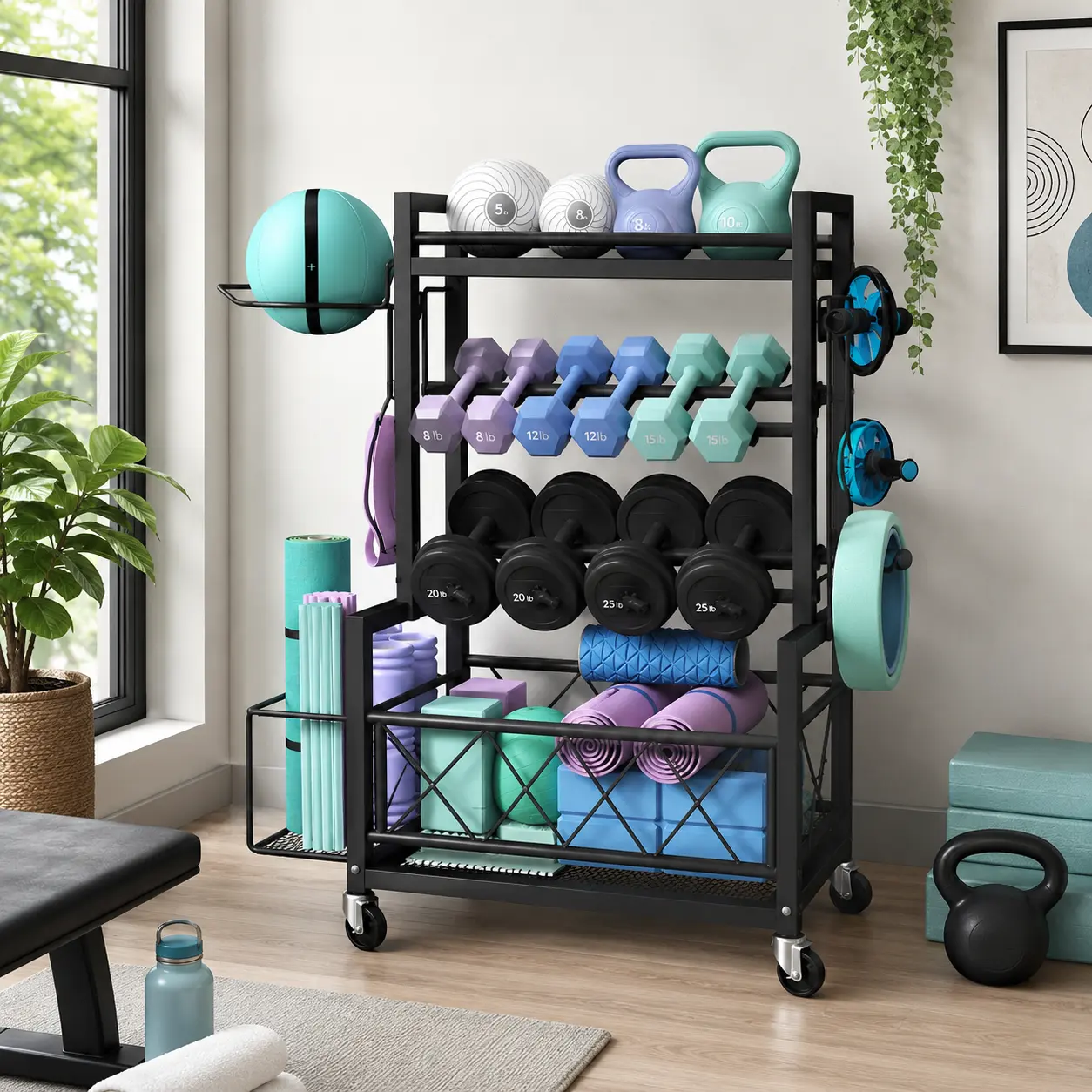 【All in One】Yaheetech Dumbbell Rack Yoga Mat Storage Rack Home Gym Workout Equipment Rack Stand w/Hooks & Wheels for Dumbbells, Kettlebells, Yoga Ball, Max Load 400l