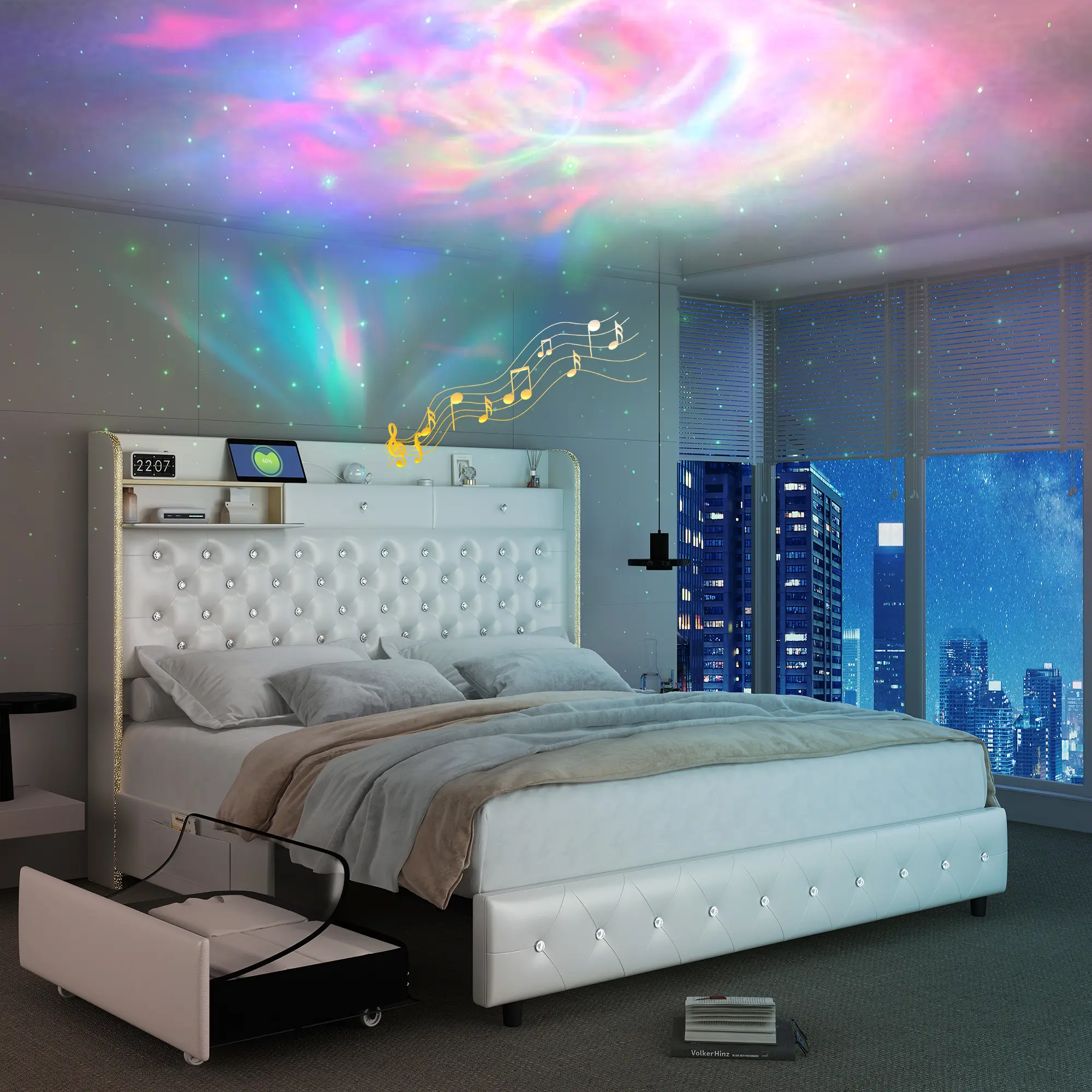 [Summerwins] SIBEDS Queen LED Bed Frame with Galaxy Aurora Star Projector, 52" Diamond Tufted Upholstered Headboard, Luxury Platform Bed with 2 Storage Drawers, Noise Free, No Box Spring Needed, Modern Bedroom Furniture, Full/Queen/King