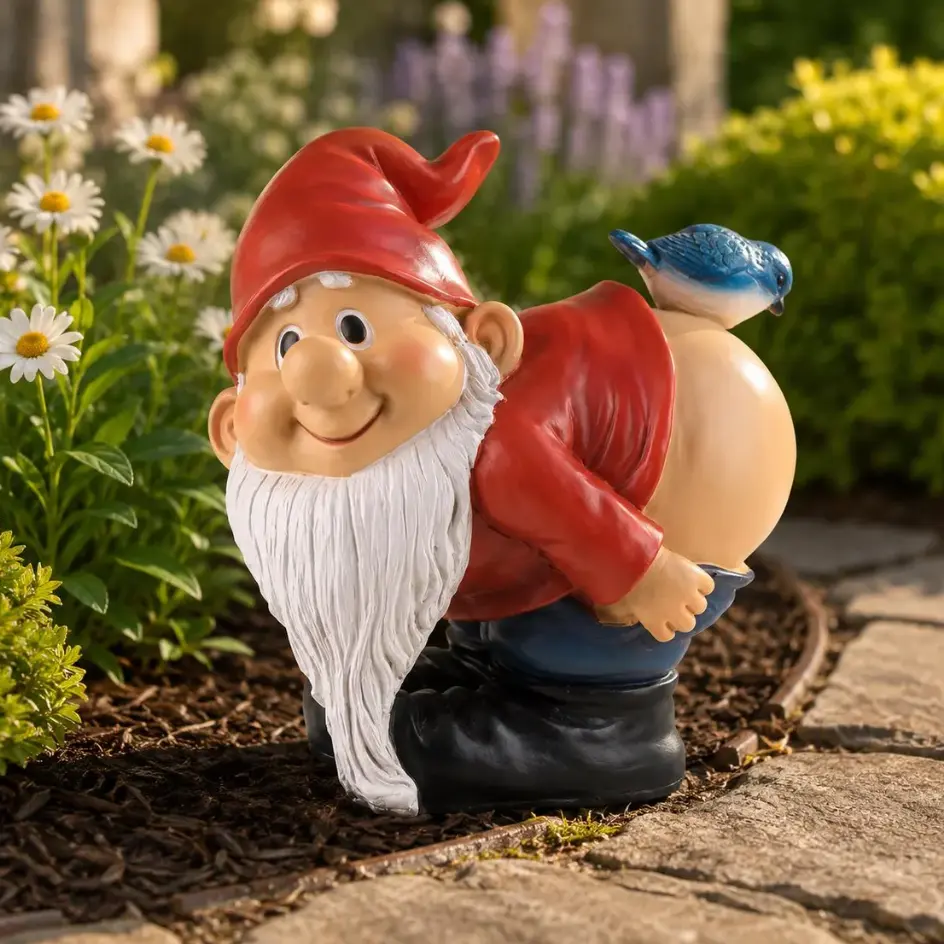 Humorous Polyresin Mooning Garden Gnome Figurine with Cute Bluebird - Weatherproof Decorative Outdoor Lawn Flower Bed Accent, Naughty Prank Ornament, Unique Gag Gift for Gnome Collectors