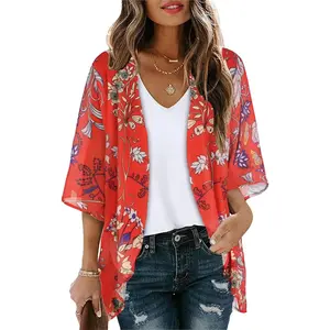 Summer Kimono Cardigan for Women Sheer Boho Tops Casual Open Front Swimwear Shirts Beach Cover ups (Boho Red,M) at  Women’s Clothing store