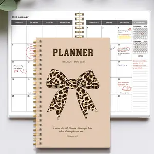 2026-2027 Leopard Bow Monthly Planner Notebook, A5 Spiral Bound, Vintage English Font Cover, Two-Year Schedule Management Book