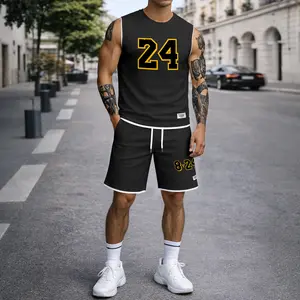 Men’s Number 24 Graphic Print Summer Set Sleeveless Tank Top & Shorts Matching Outfit, Basketball Style Double Number Print Lightweight Casual Streetwear Athletic Set for Everyday & Workout