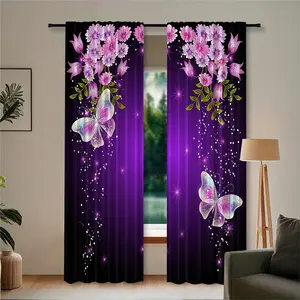2pc beautiful purple mysterious butterfly print sheer curtain/door curtain with rod bag design. A perfect gift for friends, suitable for dormitories, bedrooms, living rooms, kitchens, dining rooms, studies, cafes, hotels, apartments, and home décor.
