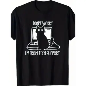 Funny Tech Support Cat on Computer Graphic T-Shirt - Retro IT Desk Humor, Unisex Casual Tee for Men &, Comfortable Casual Attire with Tech Support Guy & Cat Design