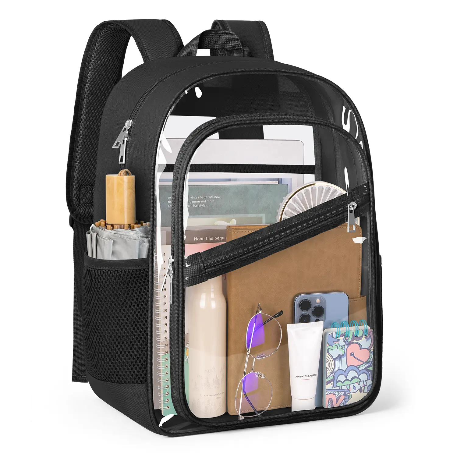 Transparent Backpack with Large Capacity Storage, Heavy Duty Fabric & PVC Bookbag Featuring 4-Layers See Through Compartments and Padded Straps for Travel, School and Daily Use