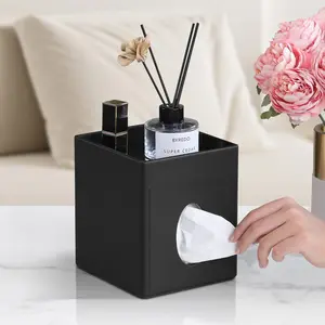 Stylish PU Leather Tissue Box Cover, Square Tissue Holder with Storage Tray, Decorative Organizer for Bathroom & Office, Perfect for Nightstand & Vanity