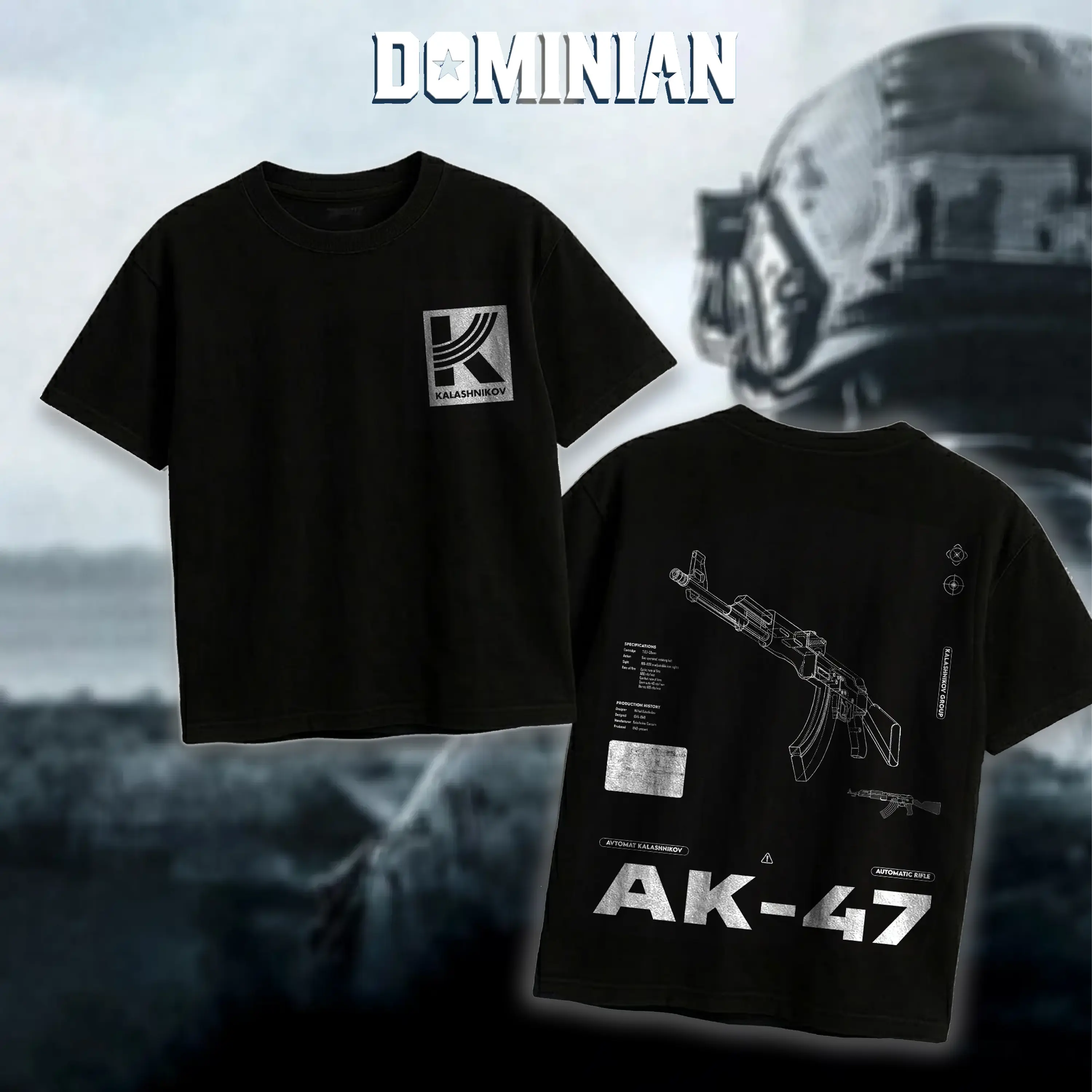 DOMINIAN AK47 Blueprint T-Shirt/Hooodie Vintage Kalashnikov Graphic Tee Gun Enthusiast Streetwear Clothing Gift for Men Breathable Printing Tactical Gear Military appreciation