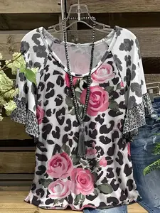 Leopard Print Rose Short Sleeve Blouse Top, V Neck Colorblock Ruffle Bell Sleeve, Summer Elegant Loose Fit Plus Size Women's T-Shirt, Casual Daily Wear