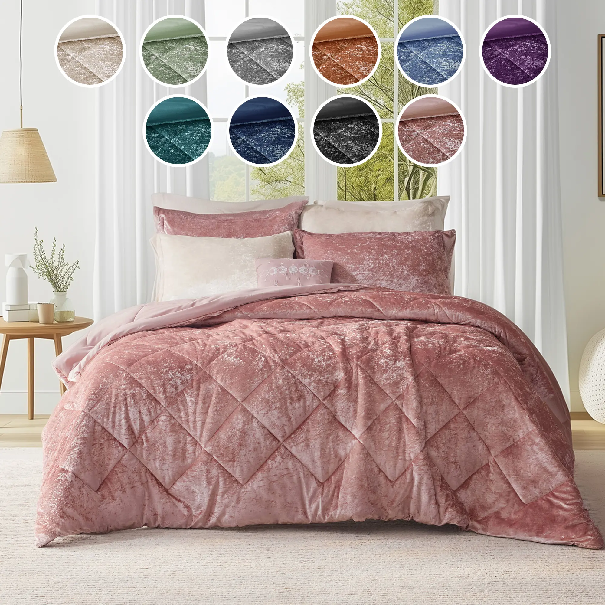Elowen Luxury Bedding Set - Queen Comforter Set with Double-Sided Velvet Fabric, Diamond Quilting, Matching Sham, Decorative Pillow, Quilted Bedspread for All-Season Bedroom Decor