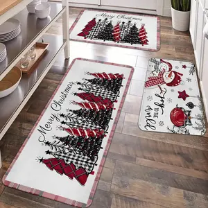 2/3pcs Christmas Kitchen Carpet Floor Mat, Buffalo Grid Christmas Tree Merry Christmas, Snowman Pattern Anti slip Flannel Floor Mat, Suitable for holiday kitchens, entrance doors, laundry rooms, bathrooms, living rooms, and room Christmas decorations