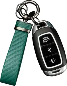 Carbon Fiber Car Keychain Green Genuine Leather Key Fob D-Ring Anti-Lost Key Ring for Volkswagen Chevrolet Nissan Honda Jeep Mercedes Toyota Hyundai Land Rover Ford Dodge Motorcycle Keys