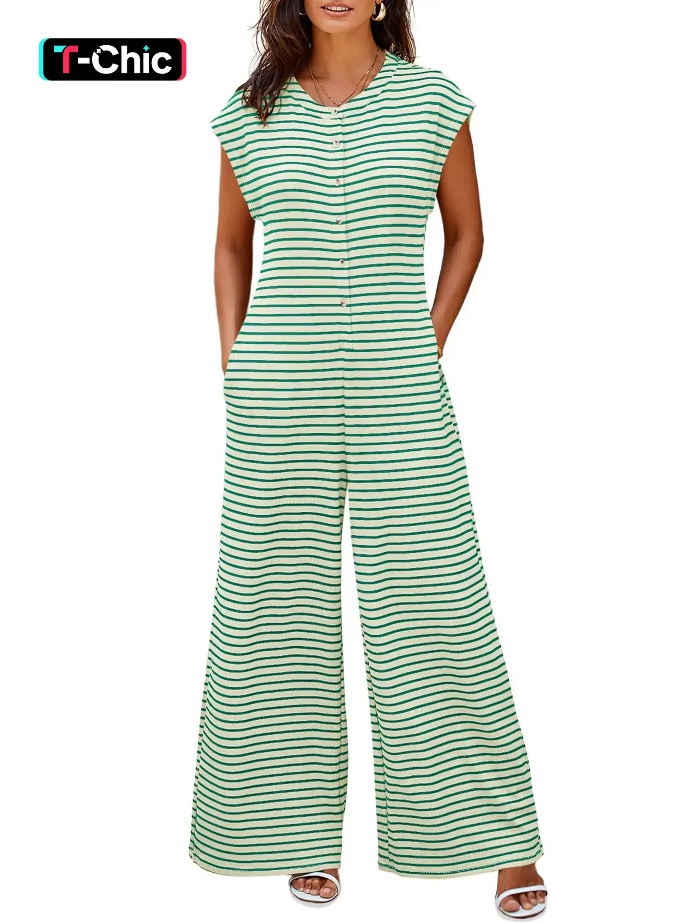 Women's Striped Pattern Button Shortsleeve Jumpsuit, Casual Style Pocket Wide Leg Flared Jumpsuit for Summer, Women's Jumpsuit for Beach Vacation, Pocketed Jumpsuit, Womenswear