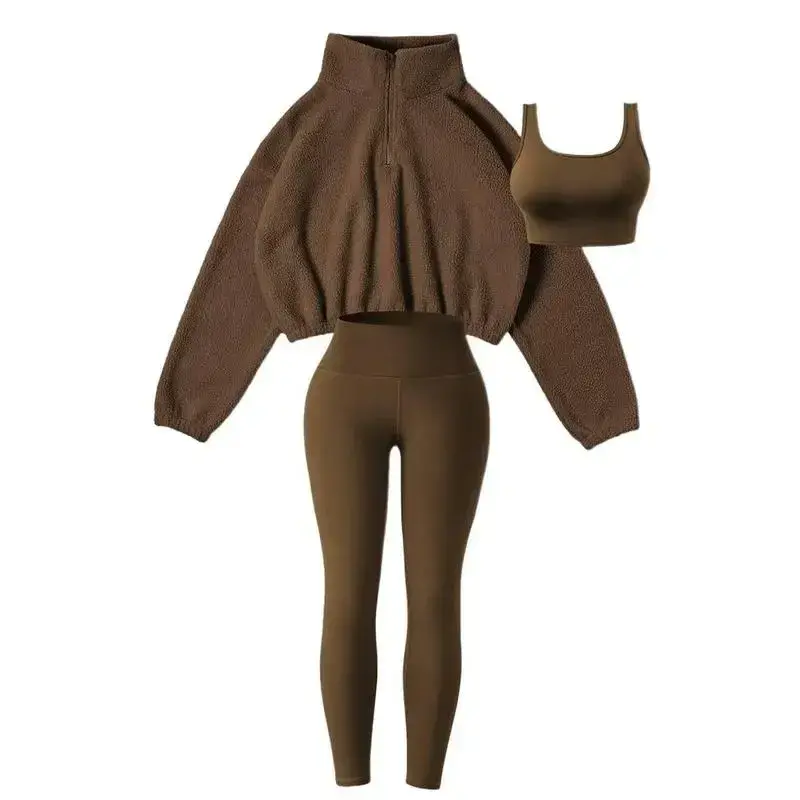 3-Piece Tracksuit Set for Women, fleece-lined zip jacket + top + high-waist pants, cozy winter activewear for gym, running, travel