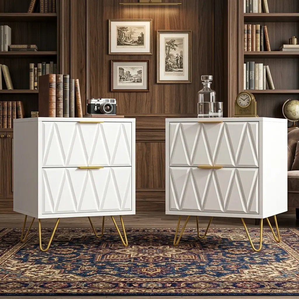 Modern Farmhouse Table Set of 2 - Engineered Wood Bedroom Nightstands with Dual Drawers, Gold Metal Legs, Carved Lines, Stable MDF, Assembly Required for Indoor Decor