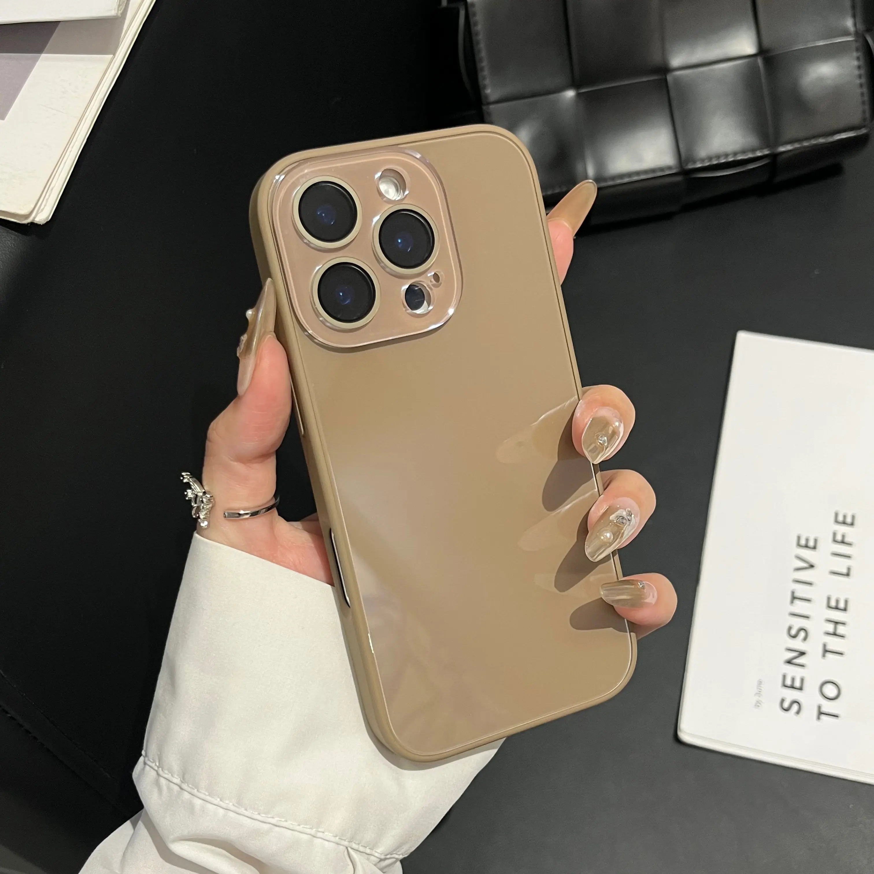 Glossy Solid Barbie Pink Phone Case for iPhone 17 16 15 14 13 Pro Max Plus 12Pro 13mini 16E 17E Air , Built-in Gold Camera Lens Protector, Shiny Hard Mirror Surface Shockproof Protective Cover for Women Girls Cute Candy Color White