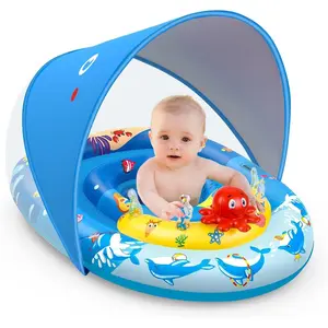 Baby swimming ring with canopy, UPF50+ sun protection, inflatable children's swimming ring with marine animal toys, suitable for babies aged 6-36 months, baby swimming ring with adjustable safety seat, suitable for boys and girls