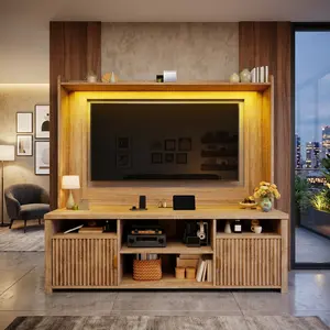70 Inch Wide TV Stand With LED Lights and Charging Station, Modern Wall Unit Entertainment Center, Media Console with 4 Open Storage Shelves & 2 Cabinet Doors, Home Furniture for Living Room Bedroom Decor
