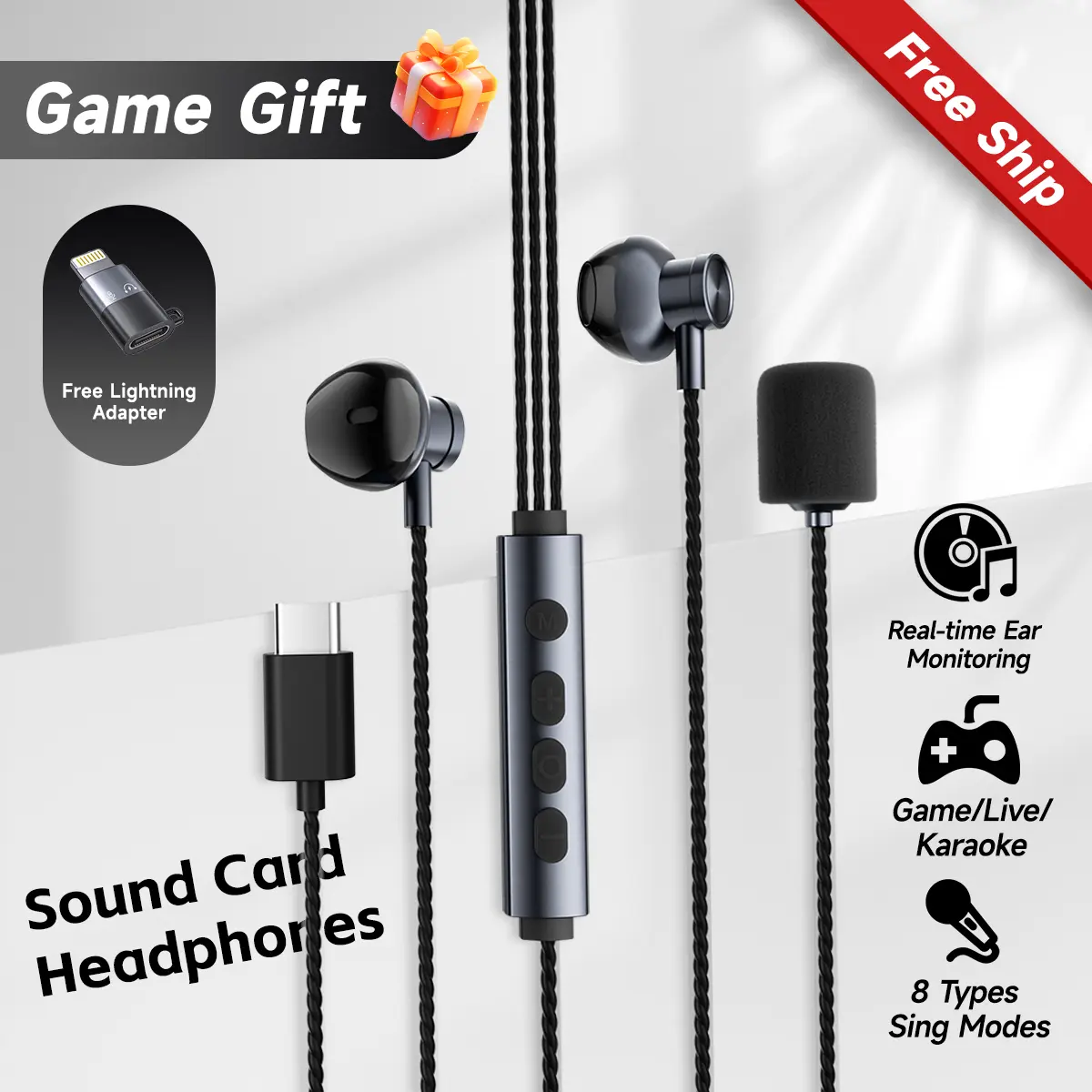 Free delivery Sound Card Karaoke Headset with In-ear Monitoring | 8 Types Singing Mode | PC Game Headset | Wired earphones suitable for live, karaoke, gaming, chatting | Noice Cancelling Mic,Perfect Gift for Esports Gamers