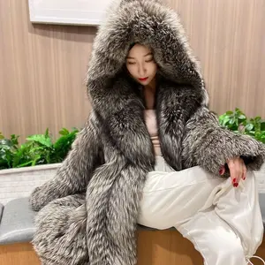 Imitation fur coat, imitation fox fur long coat, fashionable hooded and warm