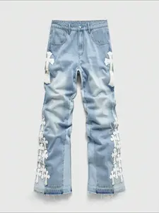 Men's Classic Cross Patchwork Relaxed Fit Cotton Jeans, Comfortable Streetwear Ankle-Length Pants, Versatile for Parties and Daily Wear