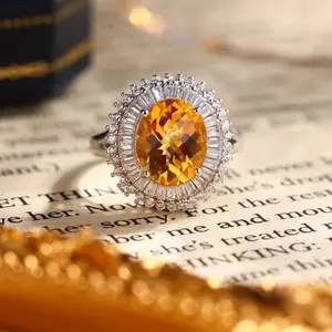 S925 sterling silver Natural Citrine ring adjustable size, with White zircon high quality setting Engagement Ring, Elegant and Luxurious for Women, Girl friend, Brides, Grils as Wedding&Birthday Gift, Perfect for Daily Wear and Party, Valentine's Day Gift
