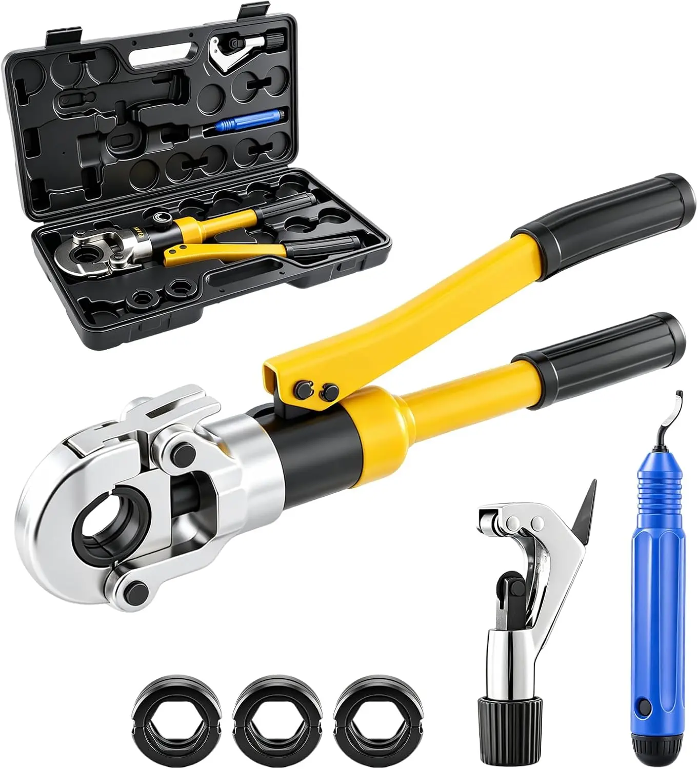 Saker Copper Tube Fittings Hydraulic Pipe Crimping Tool with 1/2" 3/4" 1" Jaw Copper & PEX Pipes, Heavy Duty copper press tool with Pipe Cutter – For DIY Homeowner, Plumber & HVAC Technician