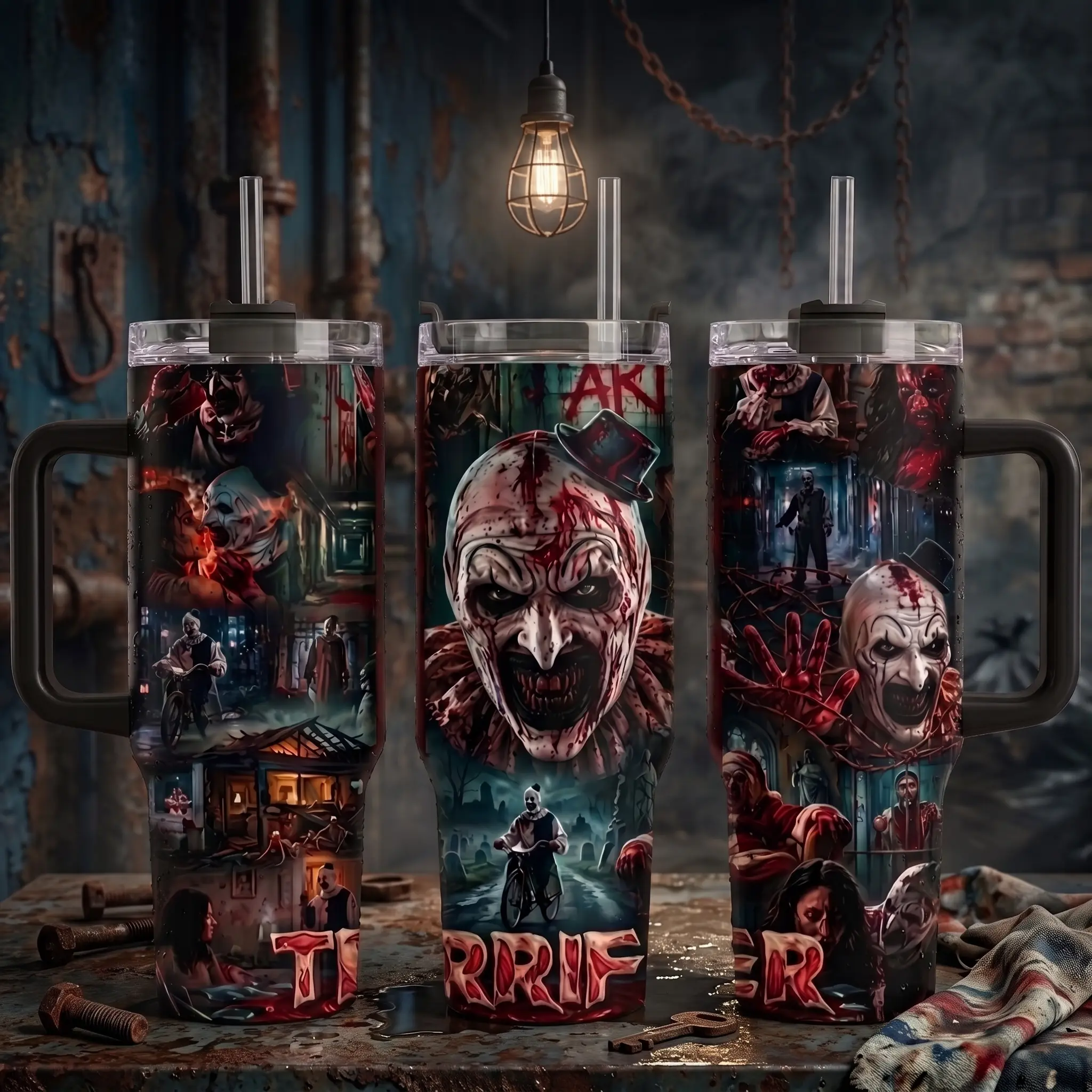 Terrifier Art the Clown Tumbler 40oz With Handle & Straw, Limited Edition Collector Cup, Horror Movie Stainless Steel Travel Mug, Halloween Slasher Fan Gift, Insulated Drinkware