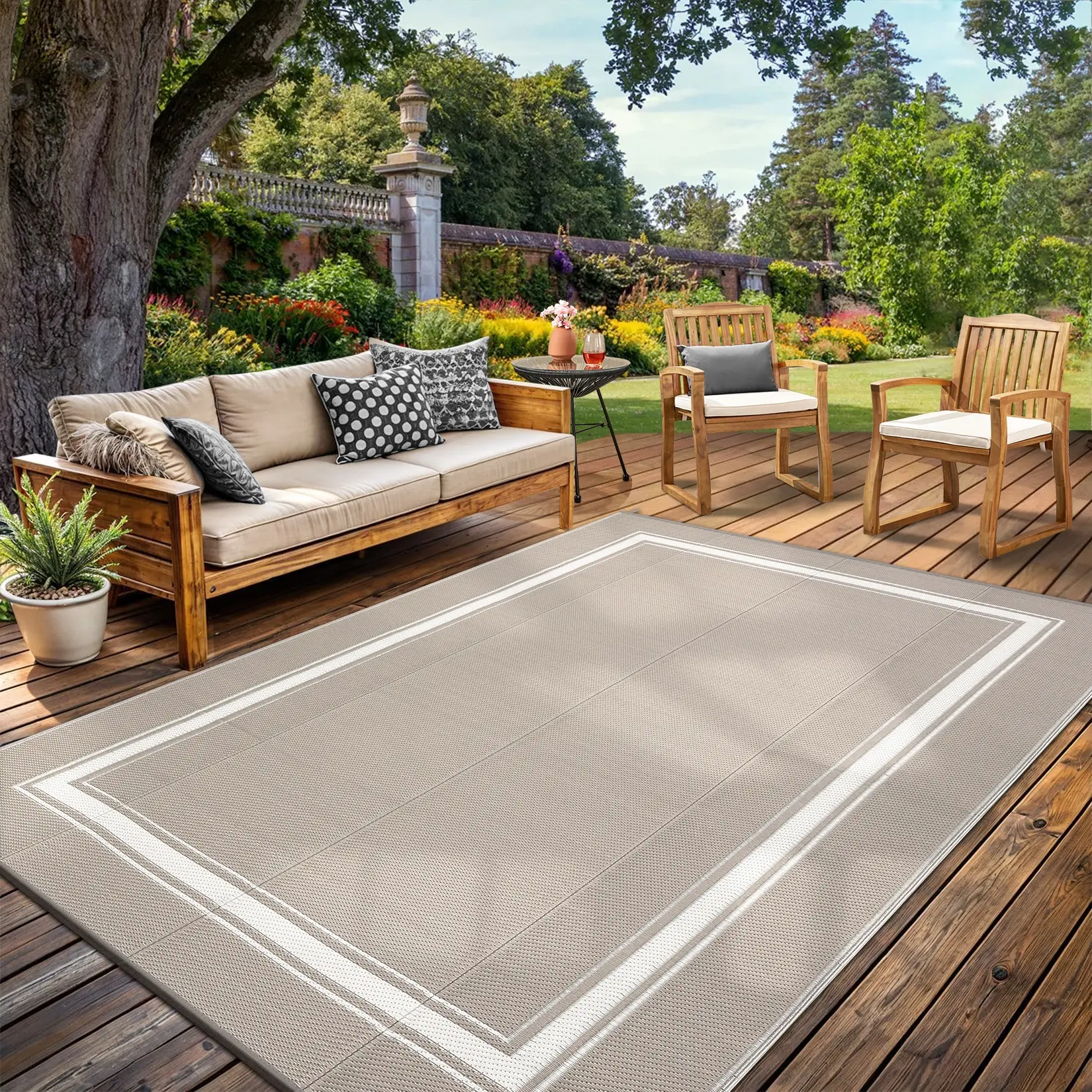 Modern Border Solid Color Outdoor Carpet Large Size Washable Patio Decorative Carpet Waterproof UV Resistant Double-Sided Reversible Plastic Straw Carpet for Balconies Beaches Pools