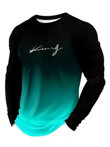 Men's Casual Classic Long Sleeve T-Shirt, Gradient Color, Polyester Material, Round Neck, Letter Print Geometric Design, Spring & Fall