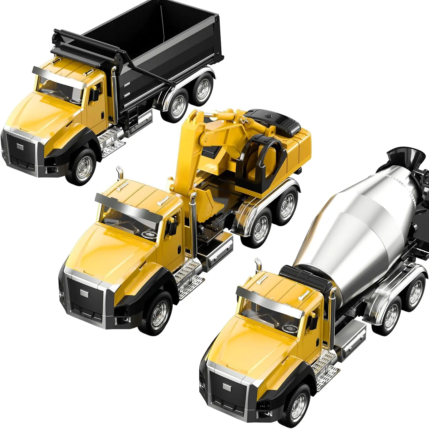 Classic 3-Pack Die-Cast Model Construction Vehicles Set - 1/50 Scale Metal Collectible Toys, Backyard Pull-Back Toys with Hard Plastic Accents, Opening Doors (Dump Truck, Digger, Mixer Truck) for Boys, Metal Alloy